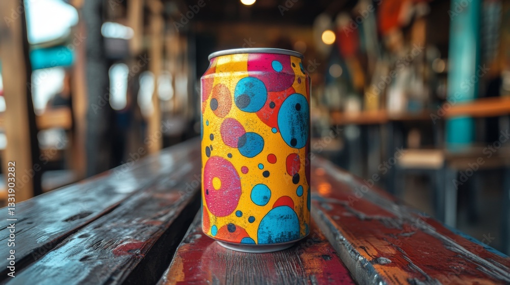 Poster A bright can with abstract patterns is placed on a weathered wooden table. The background features a lively atmosphere with blurred figures, suggesting social interaction and relaxation.