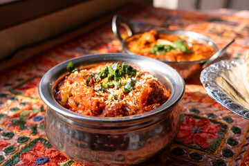 Butter paneer masala. Cottage cheese curry, hot spicy chicken korma, traditional indian food