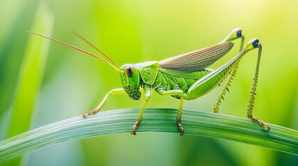 Vibrant Green Grasshopper on Dewy Grass Blade