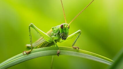 Vibrant Green Grasshopper on Leaf Close Up