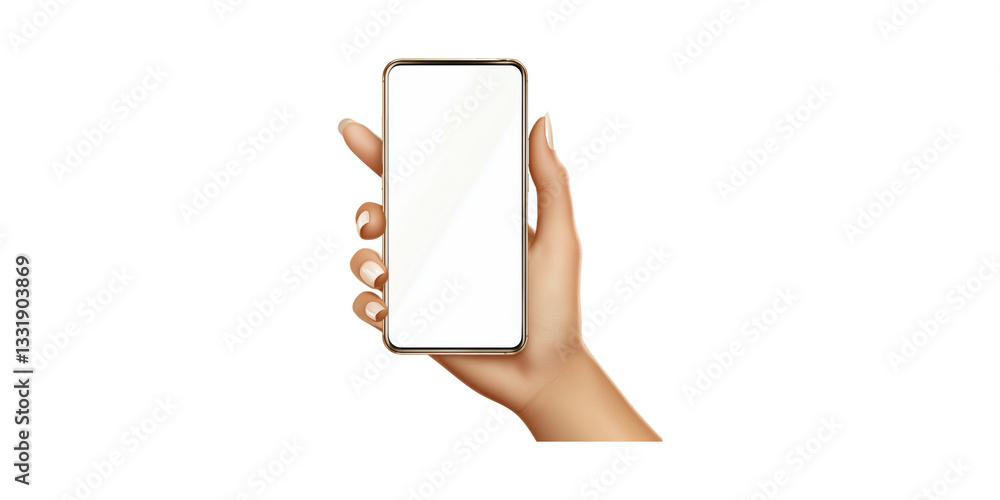 Poster hand holding smartphone with blank screen. mobile technology and digital communication concept isola