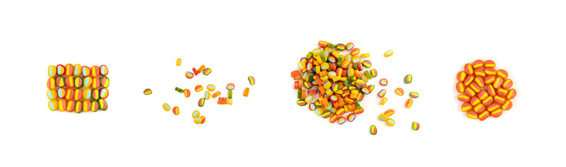 Round gummy candy piles set isolated. Small chewing colorful jellybeans, marmalade cuts, pills