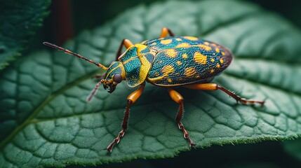 Vibrant Jeweled Beetle on Dark Green Leaf Macro Photography
