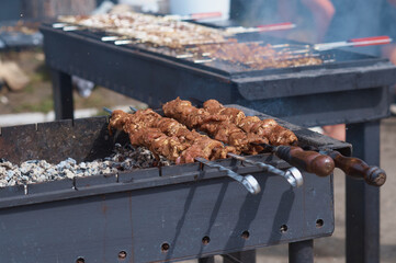 shashlik on the grill. no people. aromatic smoke ash, flies, ash in the air.