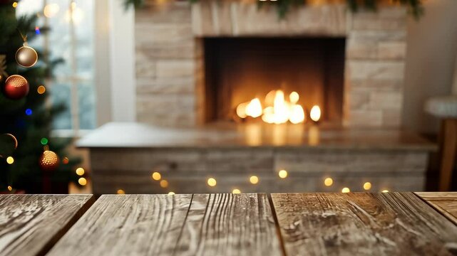 Wooden empty table top illuminating winter decorated living and with fireplace room christmas tree lights creating cozy atmosphere video 4k