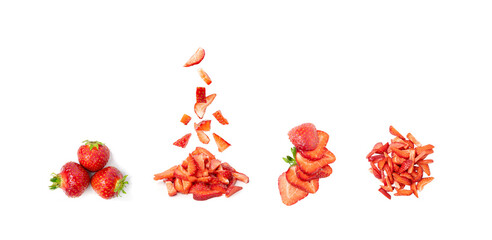 Falling Strawberry pieces isolated, red berry cut set, flying strawberries slices, summer food ingredient