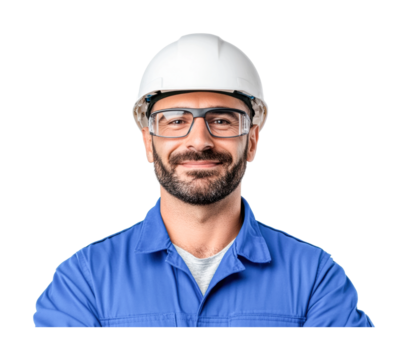 Confident caucasian adult male construction worker in blue uniform with hard hat and safety glasses, cut out - Powered by Adobe