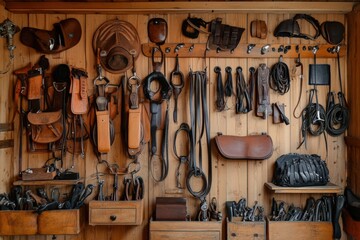 Horse tack room filled with saddles, bridles, and accessories Generative AI