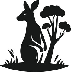 Kangaroo peeking from behind a tree vector silhouette