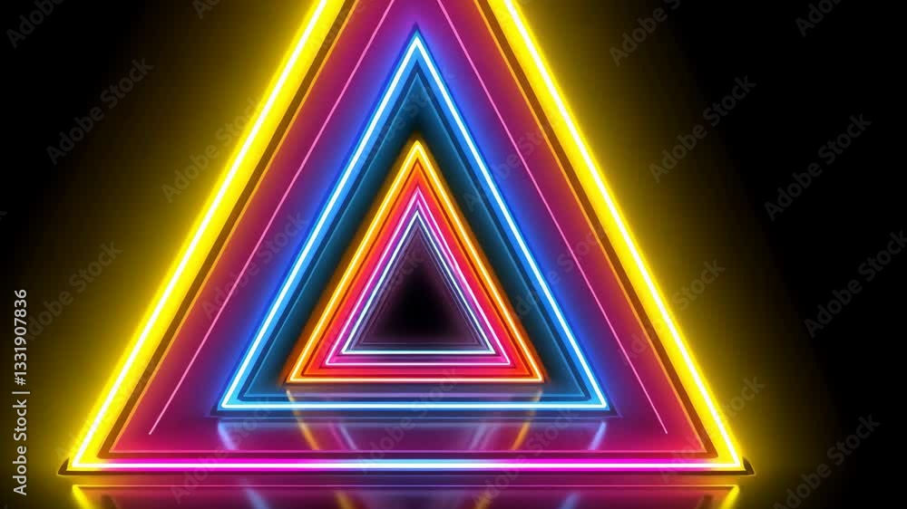 Poster vibrant neon triangle tunnel mesmerizing yellow, pink, and blue glow against dark background creatin