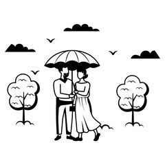 Aged Couple Standing at public park Under the Umbrella vector design, Love romance affection sketch, Valentines Day Story, human relationship stock illustration, Growing Old Together concept