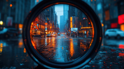 City Street Night View Through Lens