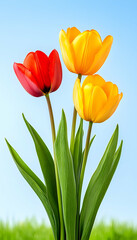 Fototapeta premium Vibrant tulips in red and yellow against a clear sky