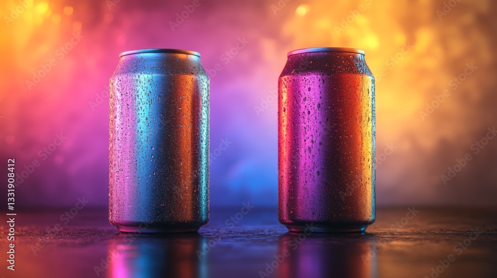 Aufkleber two metallic cans covered in droplets present a captivating display against a colorful, illuminated 