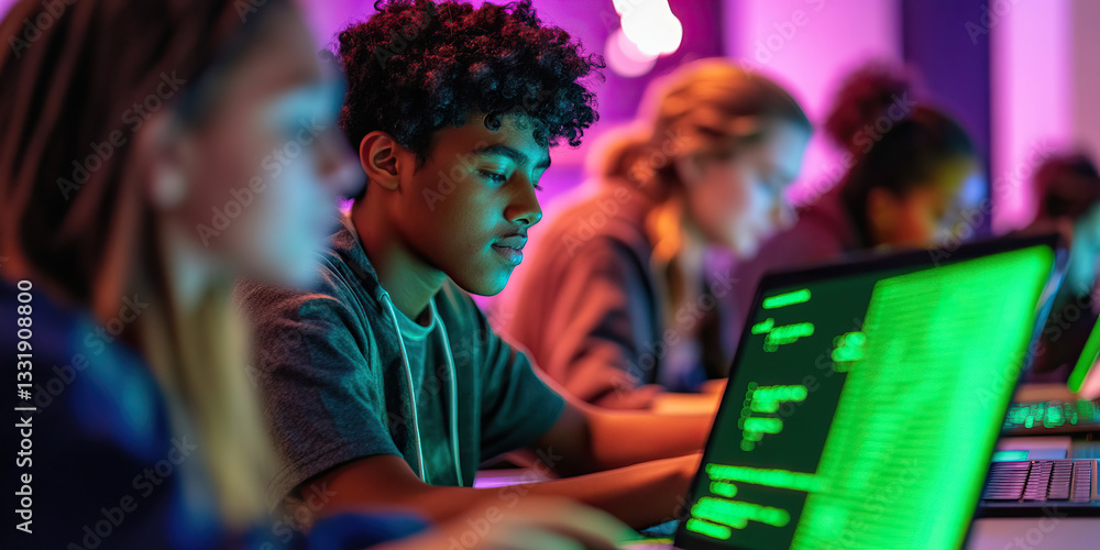 Poster young man coding on laptop with others in background