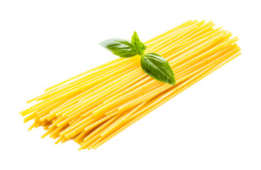 Uncooked yellow spaghetti with fresh basil on black background, cut out