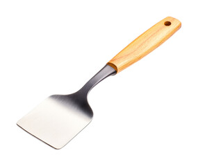 Fototapeta premium Stainless steel and wooden kitchen spatula on black background, cut out