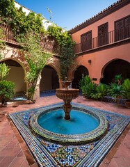 Generated image Traditional Moroccan courtyard garden, with a central fountain surrounded by colorful tiles