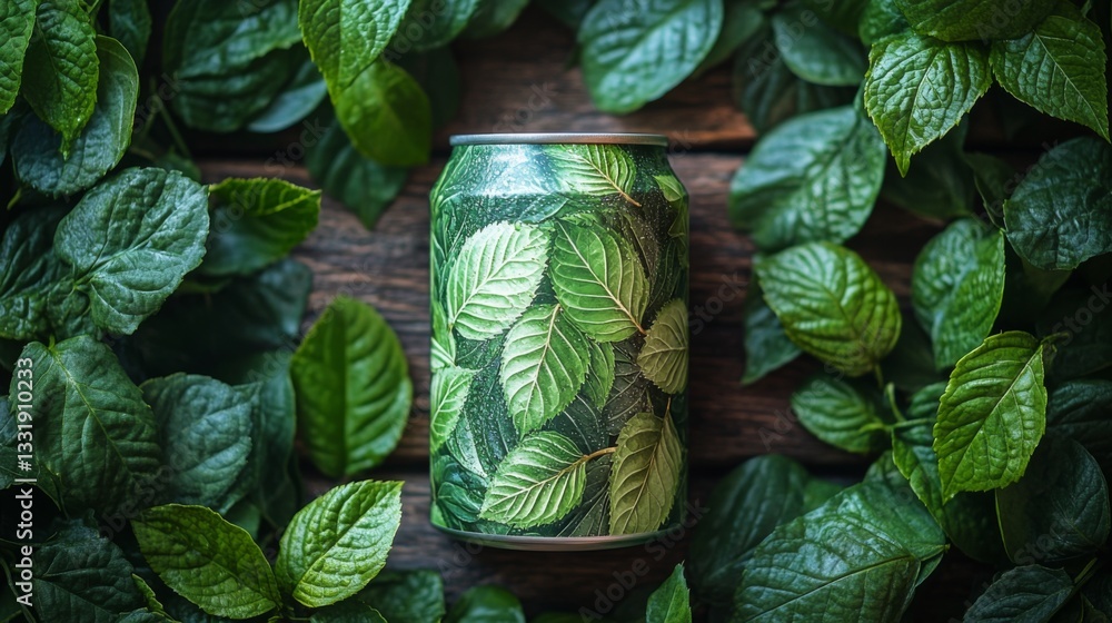 Poster A vibrant can adorned with green leaf patterns is positioned among various fresh foliage. The alignment creates a harmonious and natural visual effect, emphasizing eco-consciousness.
