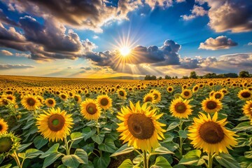 Obraz premium Sunflower field at sunrise with bright yellow blooms under a clear blue sky