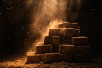 Stack of hay bales illuminated in a dim barn at dusk Generative AI