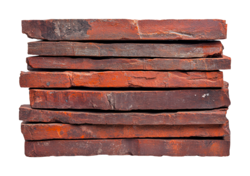 Stack of aged red bricks with texture and weathering details, cut out