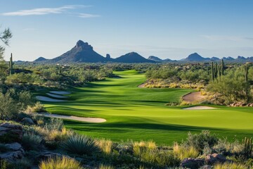 Expansive view of vibrant golf course set against mountains Generative AI