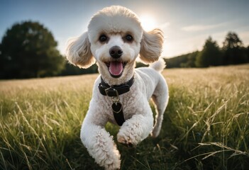 poodle dog running on the sand of the beach, near the ocean