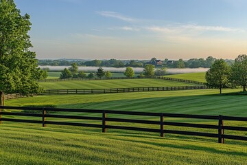 Obraz premium Sunrise over a horse pasture with misty landscapes in the distance Generative AI