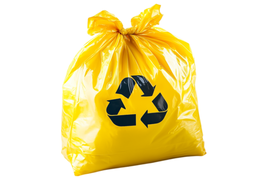 Yellow Plastic Recycling Bag With Recycle Symbol isolated on transparent background