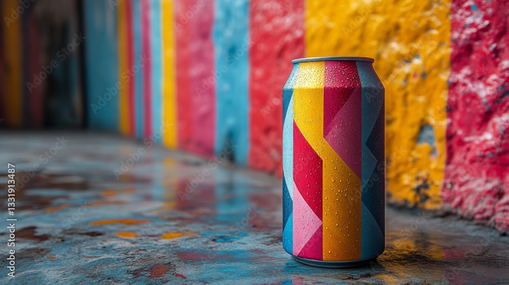 Poster A colorful beverage can with geometric patterns sits on a wet floor. The wall behind is painted with bright hues of red, blue, and yellow, creating a lively atmosphere.