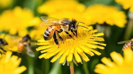 Bees collecting nectar from vibrant yellow dandelions in sunny m
