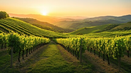 Fototapeta premium Lush green grape vines growing in a picturesque vineyard at sunset