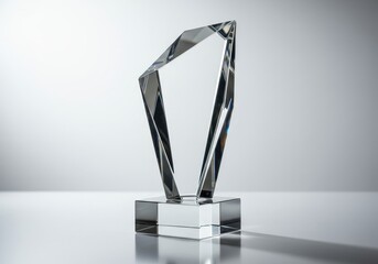 A beautifully cut glass trophy with a geometric design placed on a reflective white surface