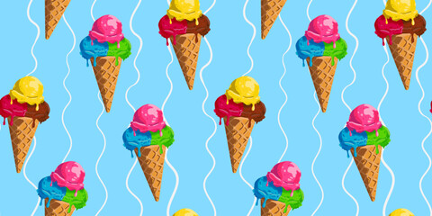 Seamless pattern of a bright ice cream cone on a light blue background with white wavy lines for summer design, wrapping paper, textiles and digital web art