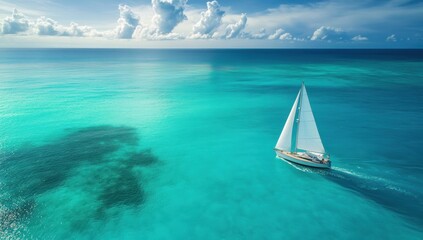 Obraz premium Sailboat sailing across clear turquoise waters under a bright sky with fluffy clouds