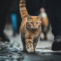 Fototapeta premium Cat walking down the street among people.
