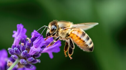 Honeybee collects nectar from vibrant purple flower, showcasing
