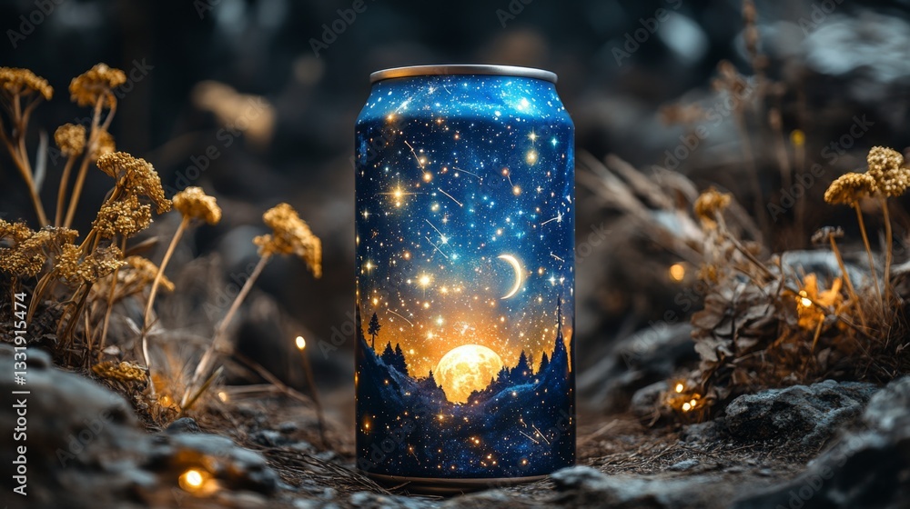 Fototapete a visually striking can featuring a night sky design rests amidst vibrant wildflowers in a tranquil 