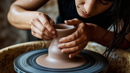 Pottery Wheel Shaping. A close-up of a woman shaping clay on a pottery wheel, with wet hands, smooth clay texture, and fine details of the forming vessel.
