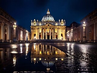 Fototapeta premium St. Peter's Basilica Reflecting in the Water at Night