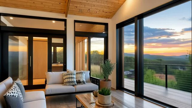 Interior of a large wooden cabin with Tennessee gable roof, a modern Empty living room with glass walls and windows terrace in the house Barnhouse style luxury black a farmhouse video 4k