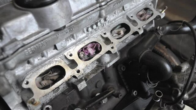 Used car's engine is ready to be installed, making sure that all components are properly connected and ready to power vehicle. It is in garage or service.