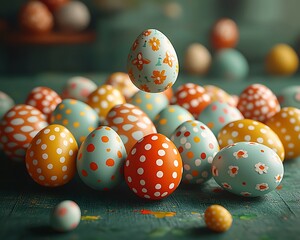 Floating Easter egg above painted eggs