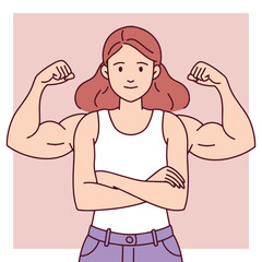 A confident woman in a white tank top stands with flexed, muscular arms drawn behind her. She looks powerful.