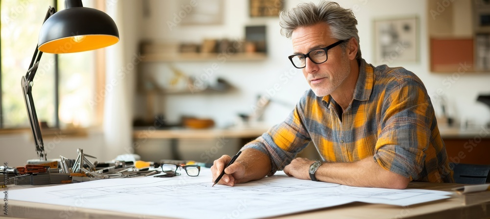 Poster focused architect examining blueprints under desk lamp in modern studio, focus on design and detail