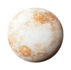 Detailed view of pluto's surface with brown and white features, cut out