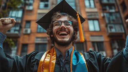 Triumphant Graduate Celebrates Academic Achievement in Urban Setting