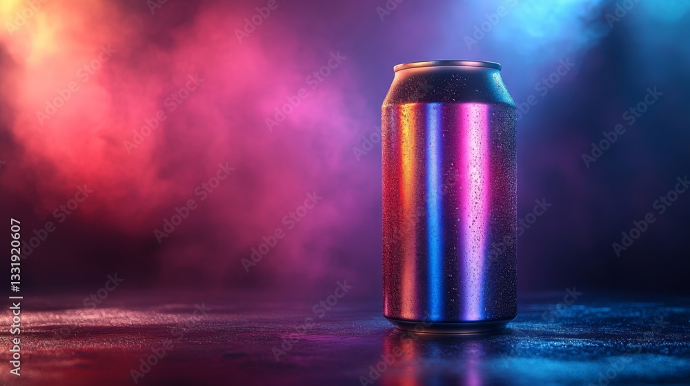Poster a soda can stands prominently on a dark surface, illuminated by dynamic and colorful lighting that c