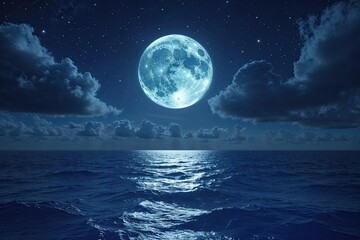 Moonlit Night Sky Above Blue Ocean with Stars and Clouds in Dark Space